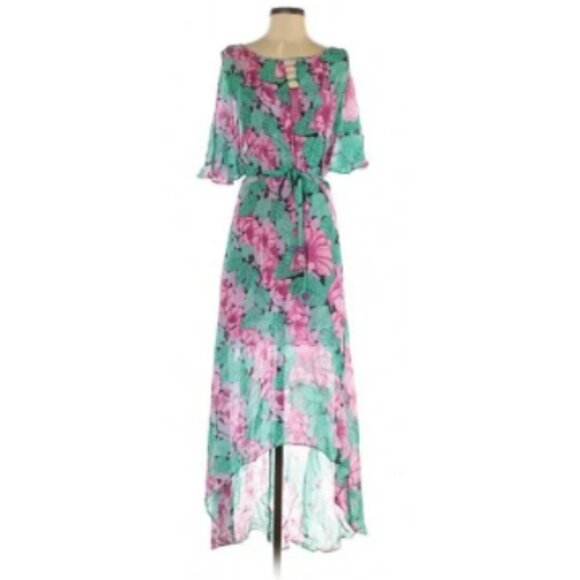 Leifnotes Anthropologie Hibiscus Dare Floral Belted Hi-Lo Sheer Maxi Dress, 2 - Picture 1 of 16